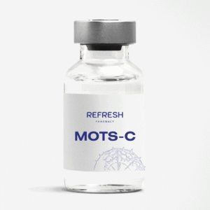 peptide serum mots-c bottle on laboratory surface with DNA strand background