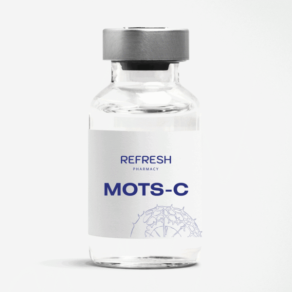 peptide serum mots-c bottle on laboratory surface with DNA strand background