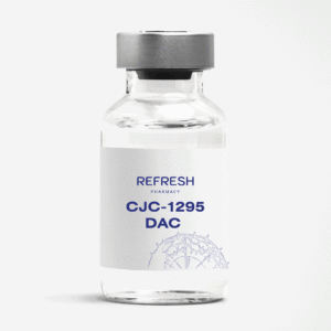 Peptide serum CJC-1295 With DAC vial and syringe on clinical white surface