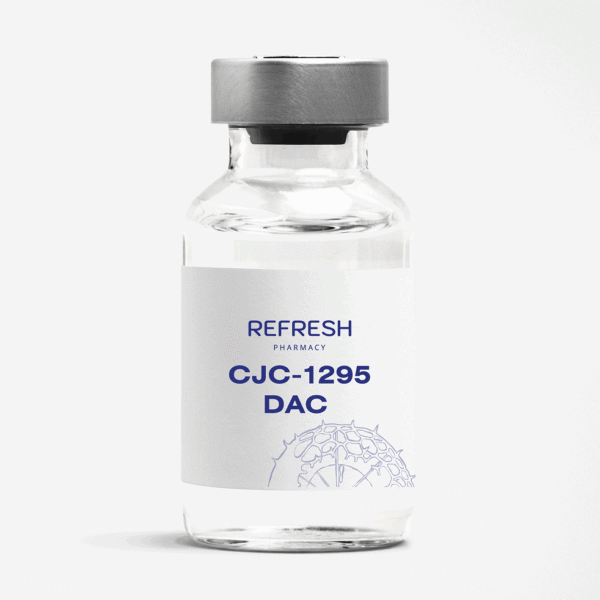 Peptide serum CJC-1295 With DAC vial and syringe on clinical white surface