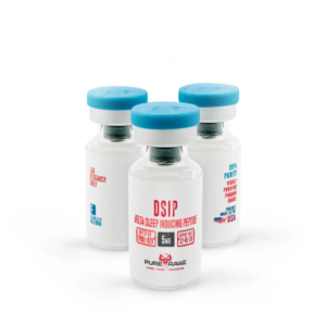 Peptide serum DSIP dropper bottle on clean white surface with skin texture background