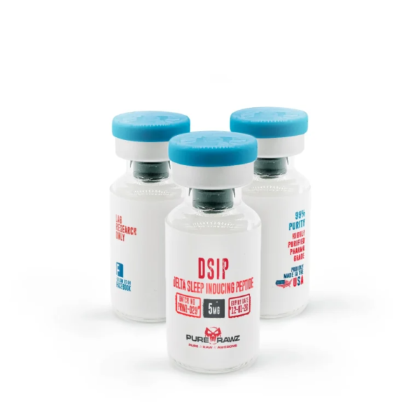 Peptide serum DSIP dropper bottle on clean white surface with skin texture background