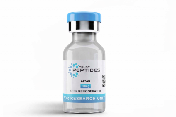 Peptide serum AICAR dropper bottle on clean white surface with molecular diagram