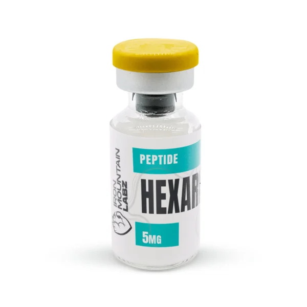 Peptide serum Hexarelin dropper bottle on marble surface with collagen infographic