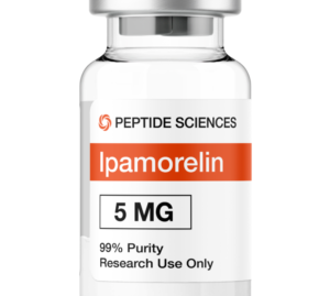 Peptide serum Ipamorelin vial and syringe on clinical surface — certified peptides
