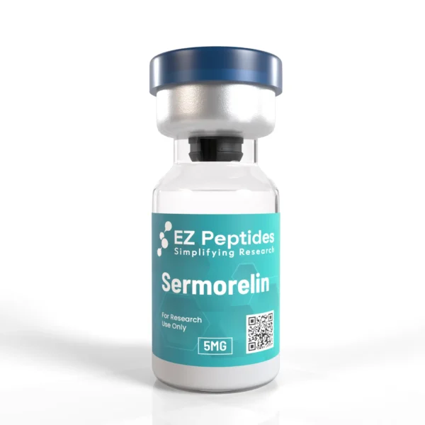 Peptide serum Sermorelin Acetate vial and insulin syringe on clinical surface