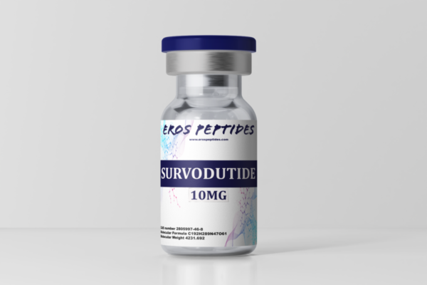 peptide serum Survodutide dropper bottle on white surface