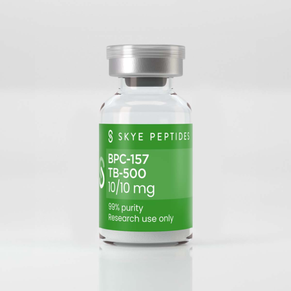 Peptide serum BPC+TB vial and syringe on clinical surface