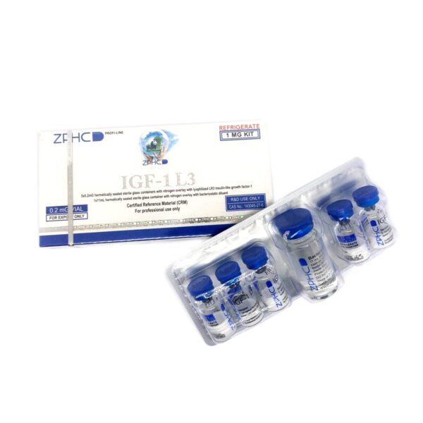 peptide serum IGF-1LR3 vial and insulin syringe on lab surface