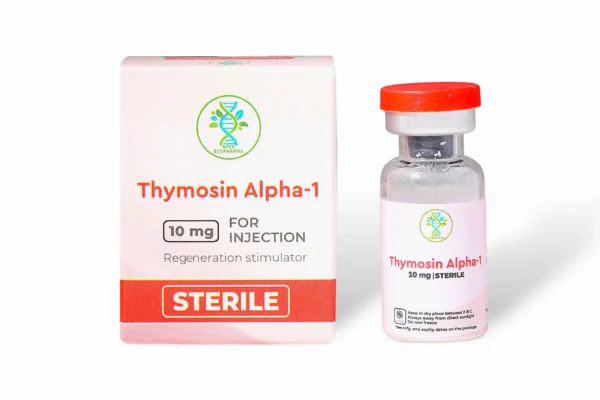 Peptide serum Thymosin Alpha-1 vial and syringe on clinical surface
