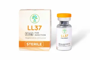 Close-up of peptide serum LL37 dropper bottle with glowing skin in background